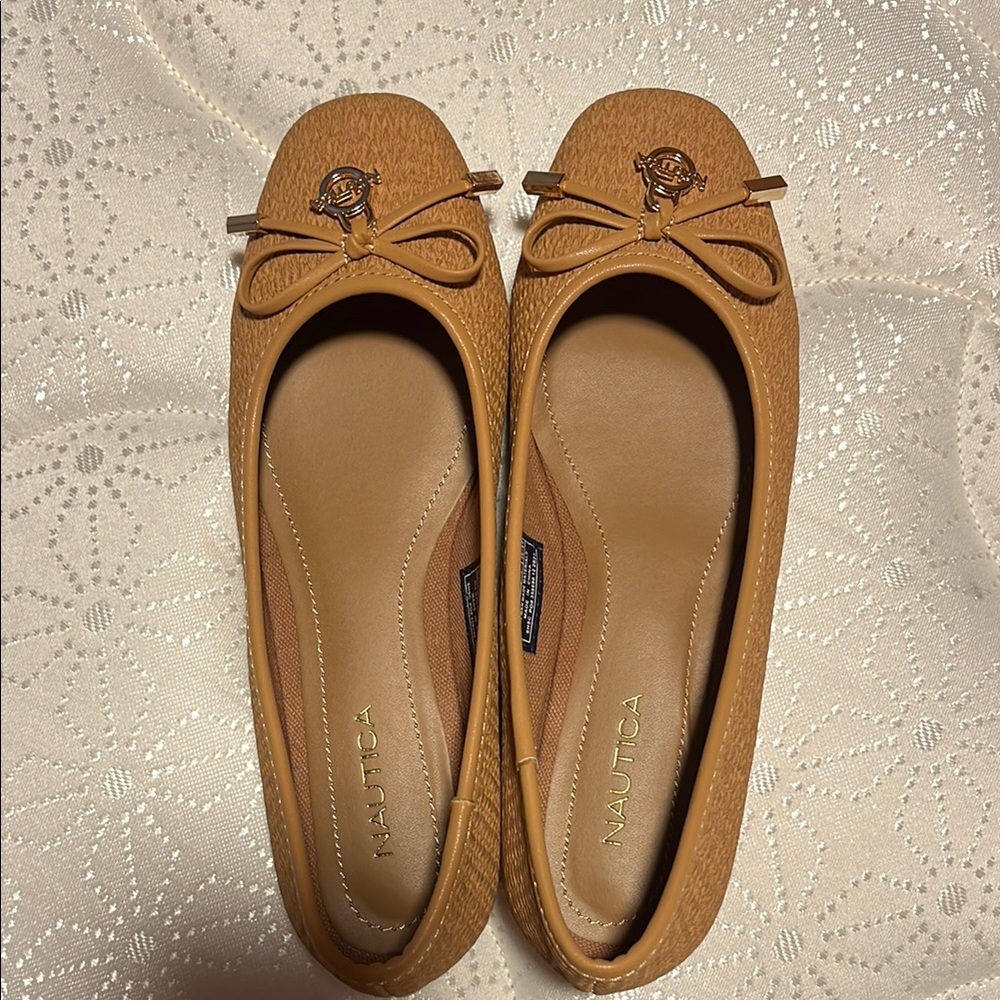 Nautica Tan Leather Flats with Bow Detail